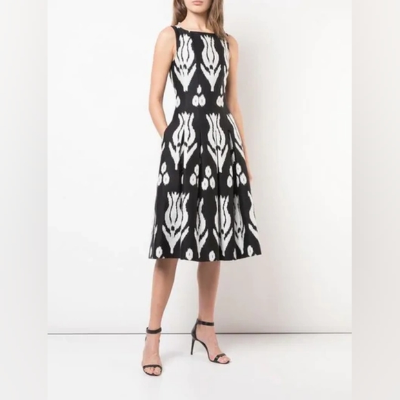 *$2,254 NEW OSCAR DE LA RENTA ROSE BLACK WHITE MIDI DAY DRESS US 14 - Picture 3 of 8